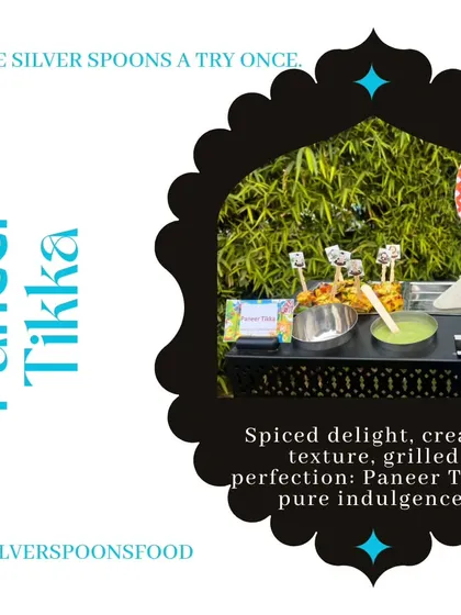 A graphic highlighting the Paneer Tikka served at a Barnyard-themed party. This dish is a great vegetarian option that is loved by both kids and adults.