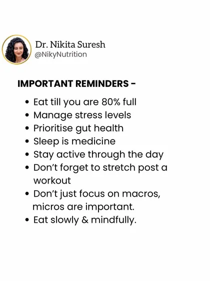 More important reminders for a healthy lifestyle. These tips focus on mindful eating, stress management, and the importance of both macro and micronutrients for overall well-being.