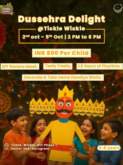 A Dussehra Delight event at Tickle Wickle for young kids, featuring DIY Ravana masks and dandiya stick decoration. I find culturally relevant and age-appropriate activities.