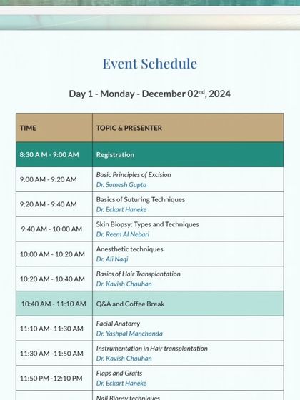 Day 1 schedule for the Kuwait workshop, where I covered the basics of hair transplantation and instrumentation.