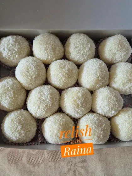 A smaller box of my Coconut Laddoos, which are incredibly soft and melt in your mouth. I can make them with fresh or desiccated coconut.