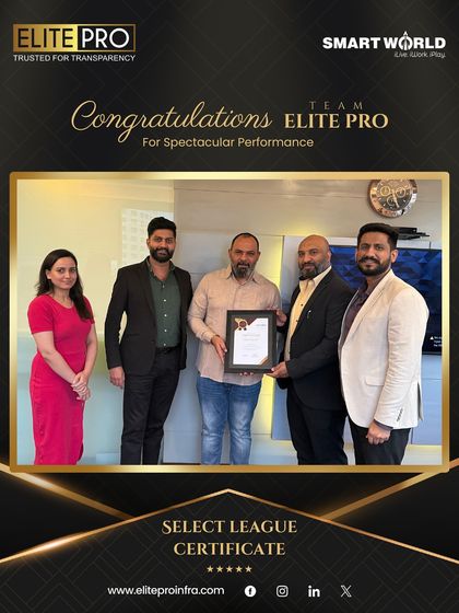 Receiving the "Select League Certificate" from Smartworld Developers is a proud moment for our team. This recognition highlights our consistent high performance and our status as a preferred partner for one of Gurugram's leading developers.
