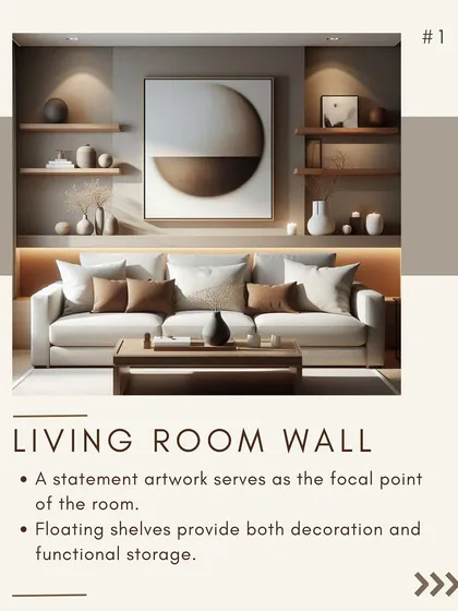 This living room wall is designed to be a focal point. A large piece of abstract art is balanced by floating shelves, which provide a space for decorative objects and add functional storage.