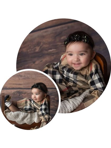 A creative circular composition from the designer-themed baby shoot, highlighting this little one's sweet smile and stylish outfit.