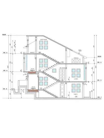 A detailed architectural section drawing for the 'Nachiar Illam' project. This illustrates the technical precision behind our designs, showing how we map out spatial relationships, staircases, and levels to respond to the site's topography.