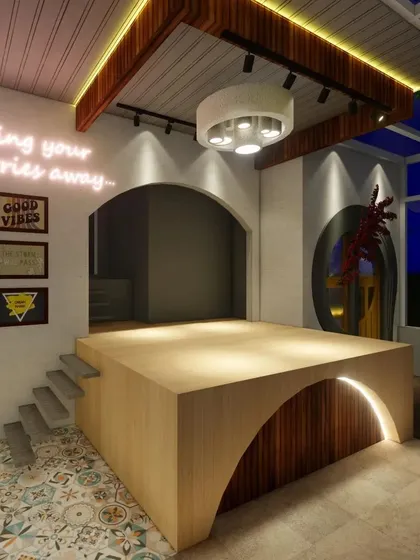 This render visualizes a small, elevated stage area for live performances within the rooftop lounge. The design incorporates a neon sign and integrated lighting to make it a focal point of the space.