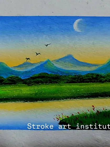 A serene landscape created with gouache. This demonstration piece shows how to use this medium to create a peaceful scene with a beautiful sky and reflective water.