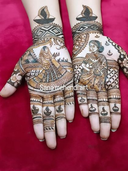 My custom Diwali-themed mehndi, featuring figures of women with diyas. I love creating designs that capture the essence of the festival.