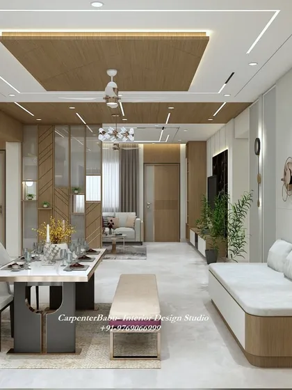 A tropical modern living and dining room, where wood tones and indoor plants create a natural, calming vibe. The open layout is perfect for a relaxed lifestyle.