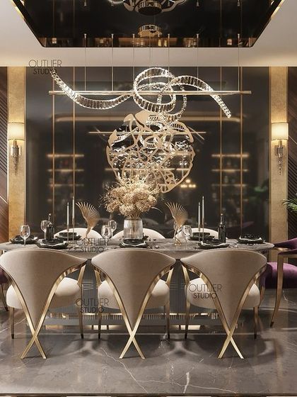 A wonderful moment in a dining hall. This space combines modern and classic elements, with elegant seating and a sculptural chandelier over a dark table, creating a relaxed yet sophisticated ambiance for dining.