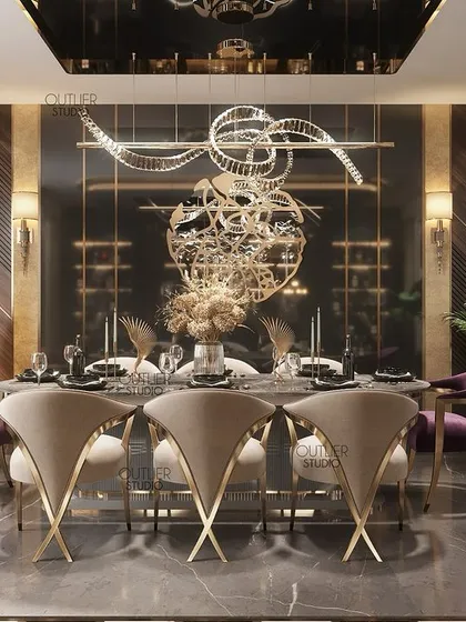 A wonderful moment in a dining hall. This space combines modern and classic elements, with elegant seating and a sculptural chandelier over a dark table, creating a relaxed yet sophisticated ambiance for dining.