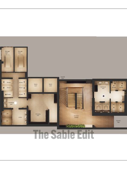 The floor plan for The Sable Edit, a renovation project for a colonial-era club. This plan shows the redesigned layout for the changing rooms, showers, and massage rooms, focusing on modern luxury and efficient use of space.