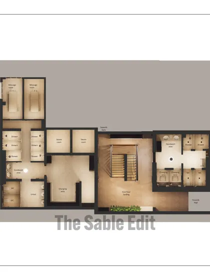 A top-down 3D floor plan of the club's wellness area. This view clarifies the spatial organization and flow we designed, from the showers and storage to the handwash and changing zones.