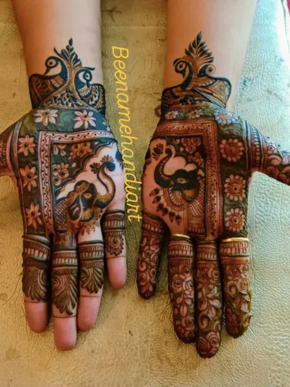 Another angle of the royal-themed mehandi with elephants and peacocks.