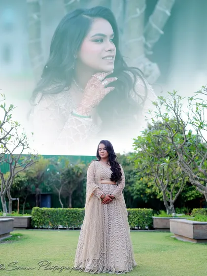 A soft and dreamy double exposure portrait of the bride in a garden setting.