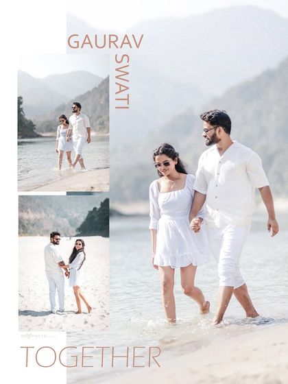 A clean and modern collage design from a white-themed beach shoot, with the couple's names elegantly displayed.