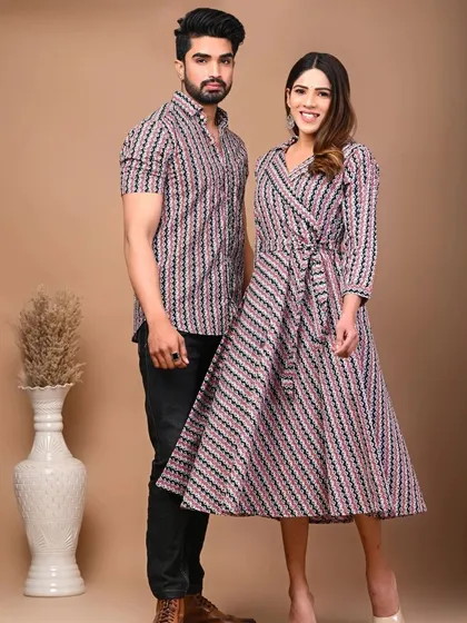 This couple's set features a stylish striped Jaipuri print. The woman's dress is designed with a flattering wrap-around style, while the man's shirt offers a classic fit, both made from soft pure cotton.