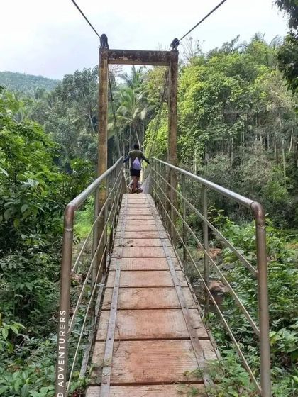 Crossing a hanging bridge is always a fun part of our treks, like this one in the forests of Kasargod.