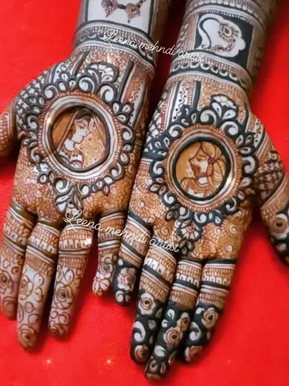 A detailed close-up of the bride and groom portraits from the full bridal set. You can see the fine lines used to create their features and attire.