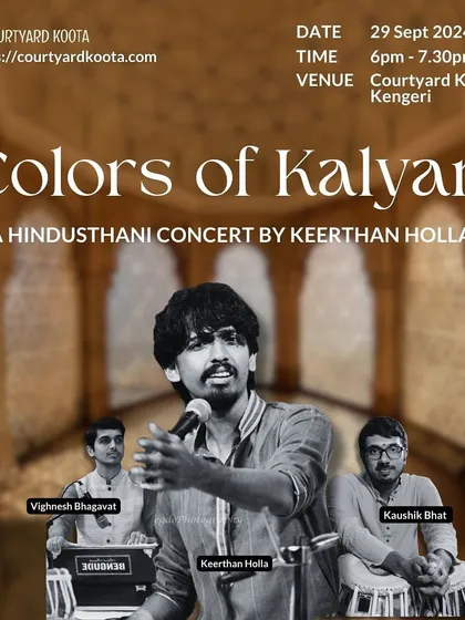 An event poster for 'Colors of Kalyan', highlighting the talented trio of Keerthan Holla, Kaushik Bhat, and Vighnesh Bhagavat. We ensure our promotional materials clearly present the artists and the theme of the concert.