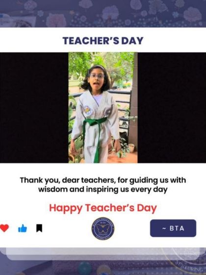 A student in her Taekwondo uniform shares a message for her teachers. Our instructors are mentors who build strong bonds with their students across all disciplines.