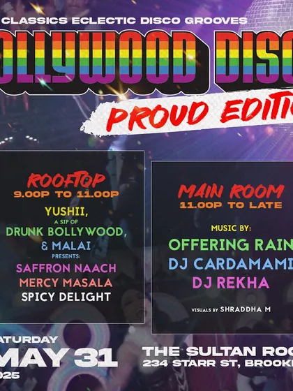 The official schedule for Bollywood Disco: Proud Edition. My event production is detailed, ensuring a smooth flow between different performance spaces and artist sets.