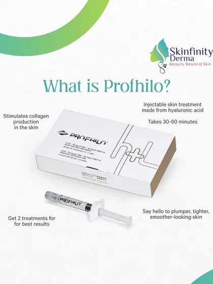What is Profhilo? This image breaks it down: it's an injectable skin treatment made from hyaluronic acid that stimulates collagen, takes 30-60 minutes, and delivers plumper, tighter, smoother-looking skin.