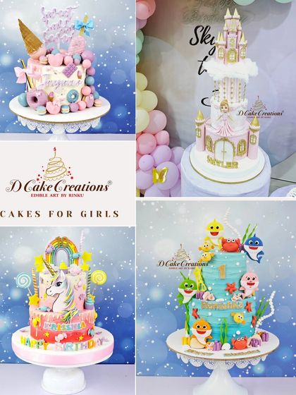 A collage showcasing a variety of my cake designs for girls, including a princess castle, a unicorn, Baby Shark, and a candy-themed creation.
