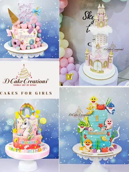 A collage showcasing a variety of my cake designs for girls, including a princess castle, a unicorn, Baby Shark, and a candy-themed creation.
