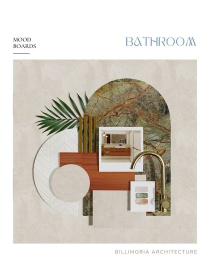 A mood board for a luxurious bathroom, featuring rainforest marble, warm wood, and brushed gold fixtures. This visual tool is crucial for establishing the desired look and feel before construction begins.