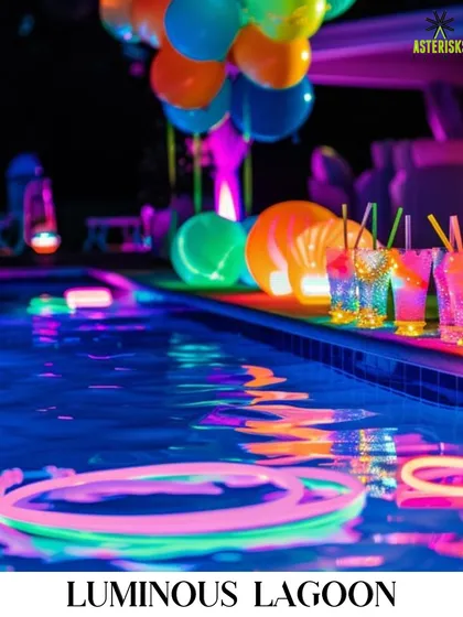 A "Luminous Lagoon" themed pool party. We used neon lights, glow sticks, and colorful glowing drinks to transform the pool area into a vibrant, otherworldly celebration.