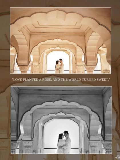 A beautiful composition showing the same romantic pose through the arches of Amer Fort, presented in both full color and classic black and white to highlight the timelessness of the moment.