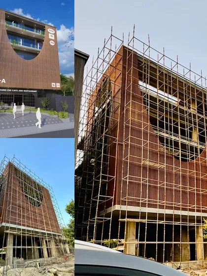 This collage illustrates the journey of a project from a digital render to a physical reality. On the left is our initial 3D visualization for the Shang Chi Cafe, and on the right, the building is seen during the construction phase, with the facade's unique curved form taking shape.