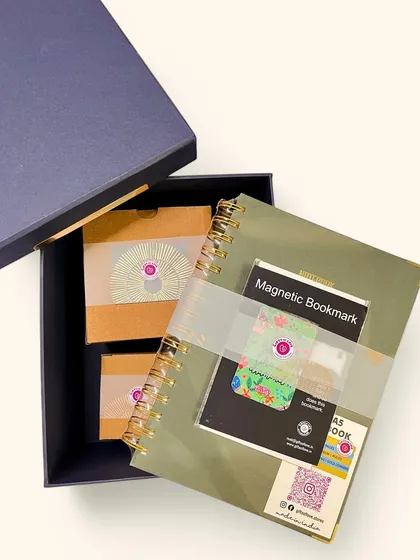 Our 'Matcha Mornings' gift set features the Crisp Sequoia Notebook. With its sturdy hardcover, gold twin-ring binding, and 240 ruled pages, it's a beautiful and practical companion for making plans.