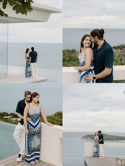 A collage of the couple posing by an infinity pool overlooking the ocean.