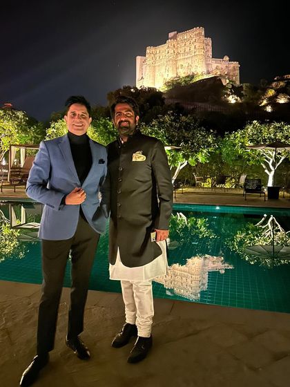With a friend and fellow vendor at Alila Fort Bishangarh. The poolside area at night, with the fort lit up, is a spectacular setting for a sangeet or cocktail night.