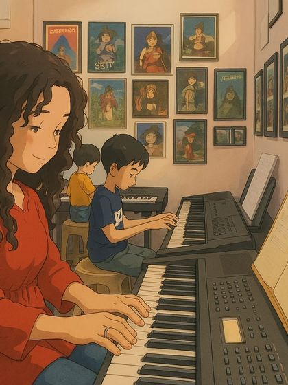 A Ghibli inspired scene of our keyboard class, with students of different ages learning side by side. This captures the peaceful and focused atmosphere of our studio.