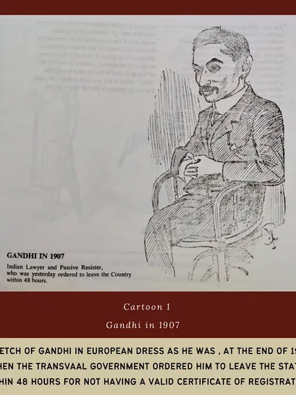 A 1907 sketch of Gandhi in European dress during his time in South Africa. This cartoon captures a specific moment when he was ordered to leave Transvaal for resisting discriminatory registration laws, marking an early phase of his political activism.