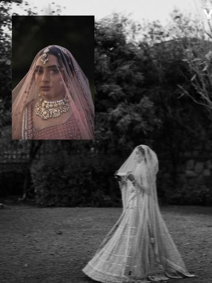 An artistic collage featuring the bride in a flowing veil. The black and white treatment and the motion blur create a dreamy, ethereal portrait that feels like a captured memory.
