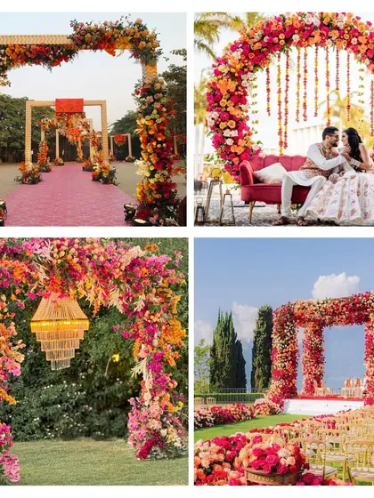 A showcase of vibrant and colorful mandap designs. From circular floral backdrops for a modern sangeet to grand, multi-arched walkways, I specialize in using bold colors to create high-energy, celebratory spaces.
