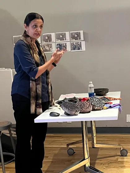 Our founder, Padmini Govind, speaking to students at the Parsons School of Design. These conversations are vital for building bridges between traditional craft and contemporary design education.