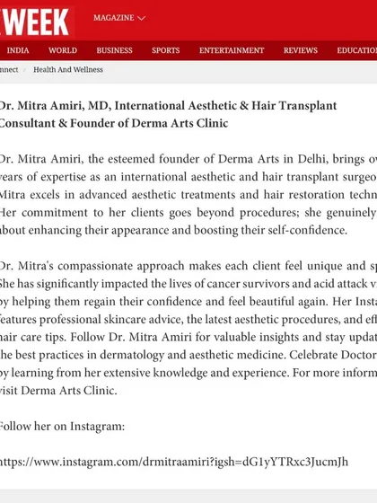 A screenshot of the article in The Week Magazine, highlighting Dr. Mitra Amiri's 13+ years of experience and compassionate approach to aesthetic medicine.