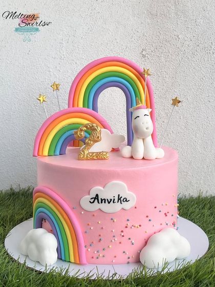 Another take on our popular unicorn and rainbow cake, this one for Anvika's second birthday. The design is bright, cheerful, and guaranteed to be the star of any party.