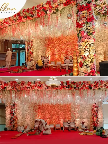 A stunning floral mandap with a backdrop of thousands of flowers. The before-and-after view shows the incredible transformation my team and I can achieve.