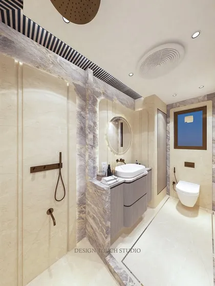 A 3D render of a modern bathroom with warm beige and marble textures, a floating toilet, and soft recessed lighting.