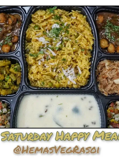 A satisfying Saturday Happy Meal of Masale Bhaat with Kadi, aloo capsicum, chole, a healthy sprout salad, and sweet semiya sheera.