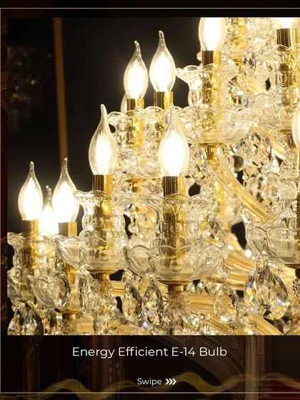 A close-up of the Jodha Palace Grande Chandelier, showcasing its borosilicate arms and high-refractive K9 crystals. This 144-arm fixture is the epitome of energy-efficient royalty.