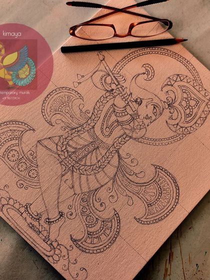 The initial pencil sketch for the Venugopala painting, with my glasses for scale. The dynamic pose and intricate details are all mapped out here.