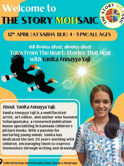 A poster for a bilingual Kannada-English session with author Vanita Annayya Yaji, founder of a publication house specializing in Kannada children's books.