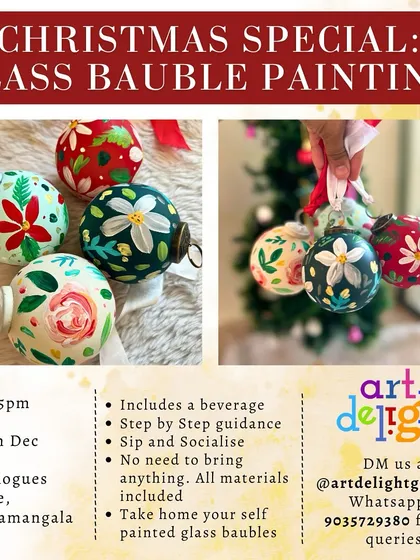 Add a personal touch to your Christmas tree with our glass bauble painting workshop. This poster shows the beautiful, hand-painted ornaments you can learn to make.